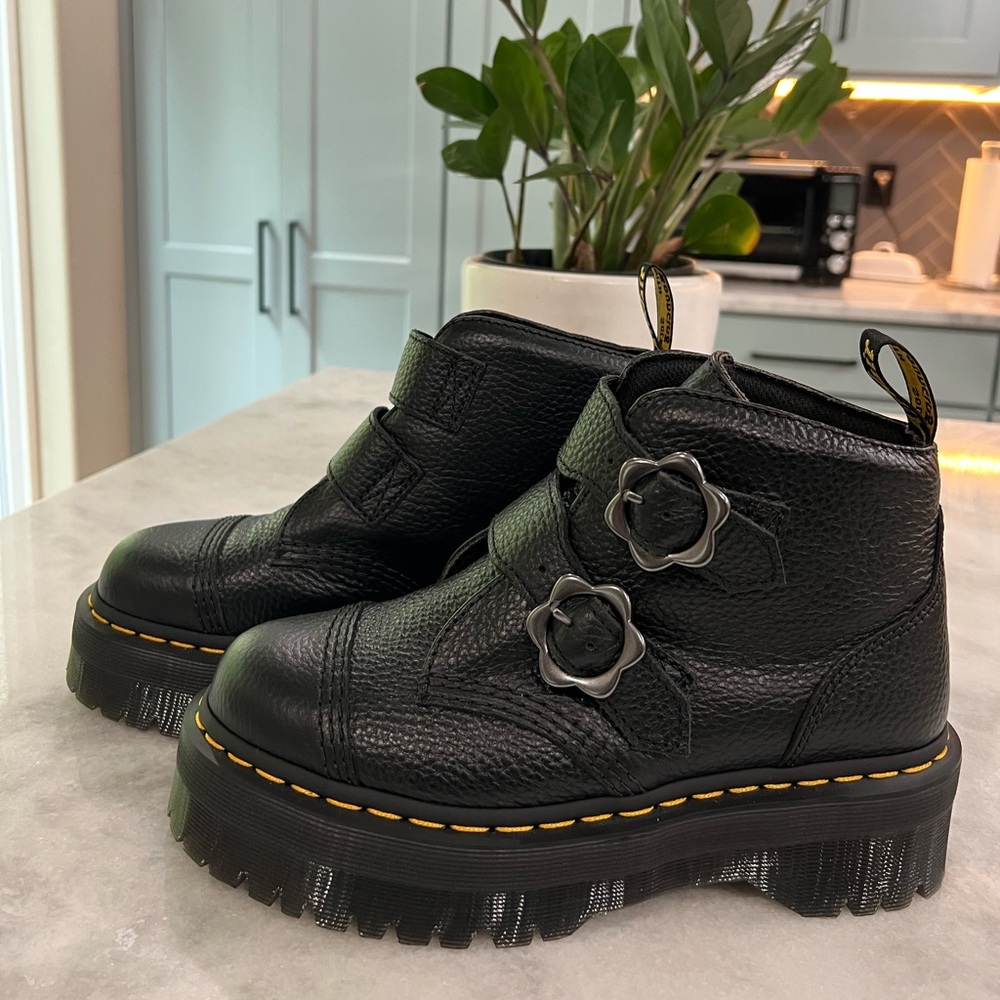 Dr. Martens Devon Flower Buckle Platform Boots, size 8